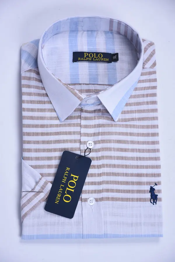 chemise Ralph lauren en Pur Lin Rayé demi manche Ref-RY0161X  (Beige & Bleu )